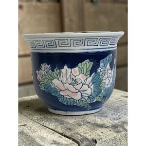 Vintage Chinoiserie Blue White Pink Floral Ceramic Small Planter Indoor Outdoor